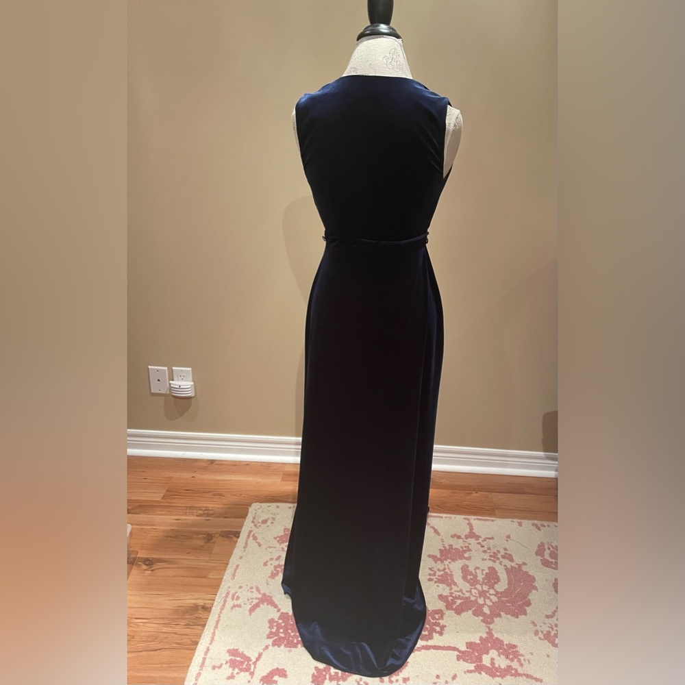 Aidan Mattox Navy Blue Velvet Maxi Dress with Plunging V-Neck & High Slit - Picture 7 of 9